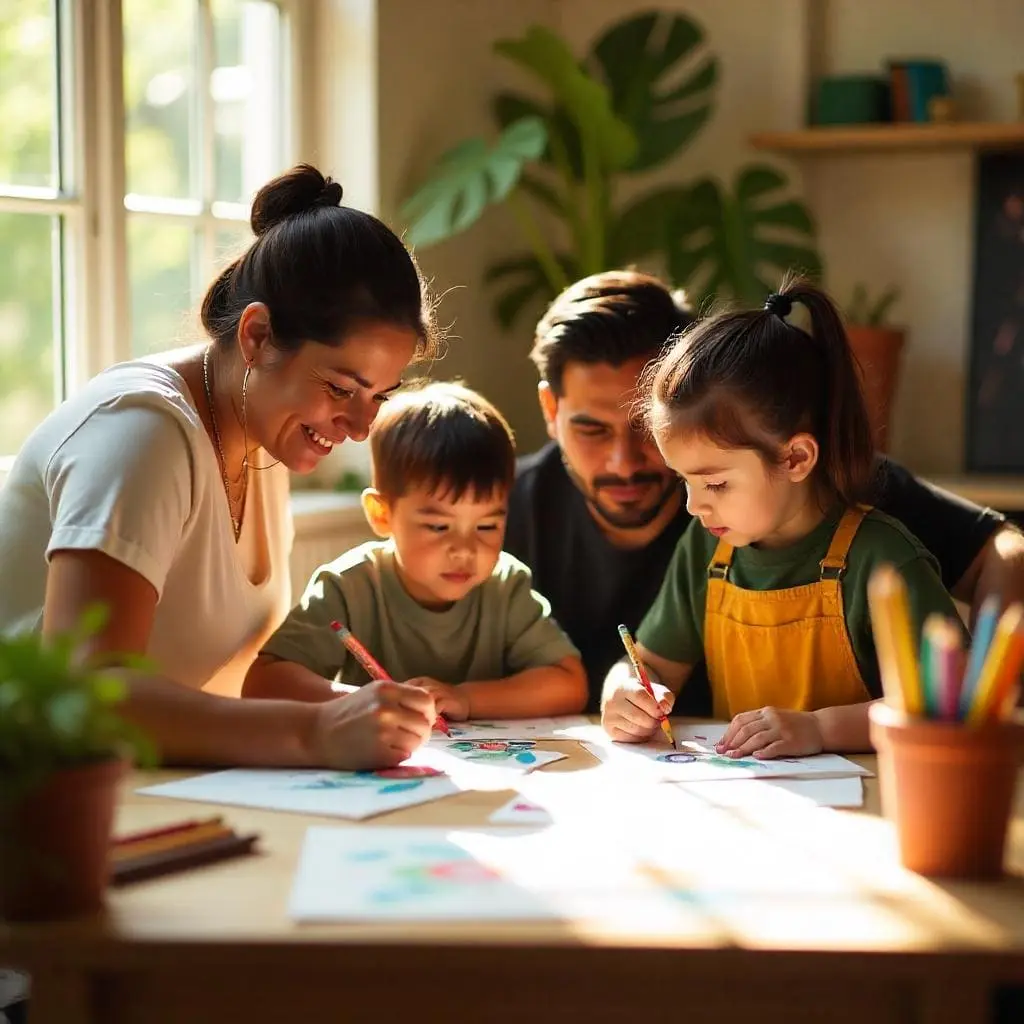 Family of four sitting around a table, happily coloring together with pencils and illustrated pages, enjoying a shared creative activity.