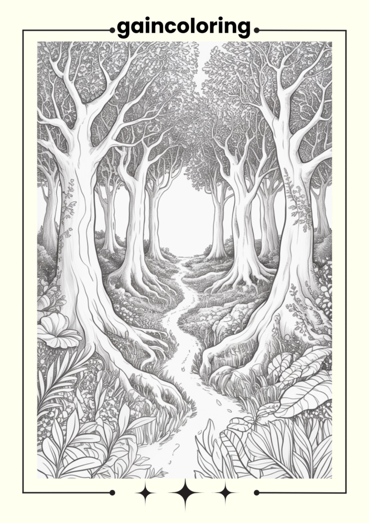 A dense enchanted forest with tall ancient trees