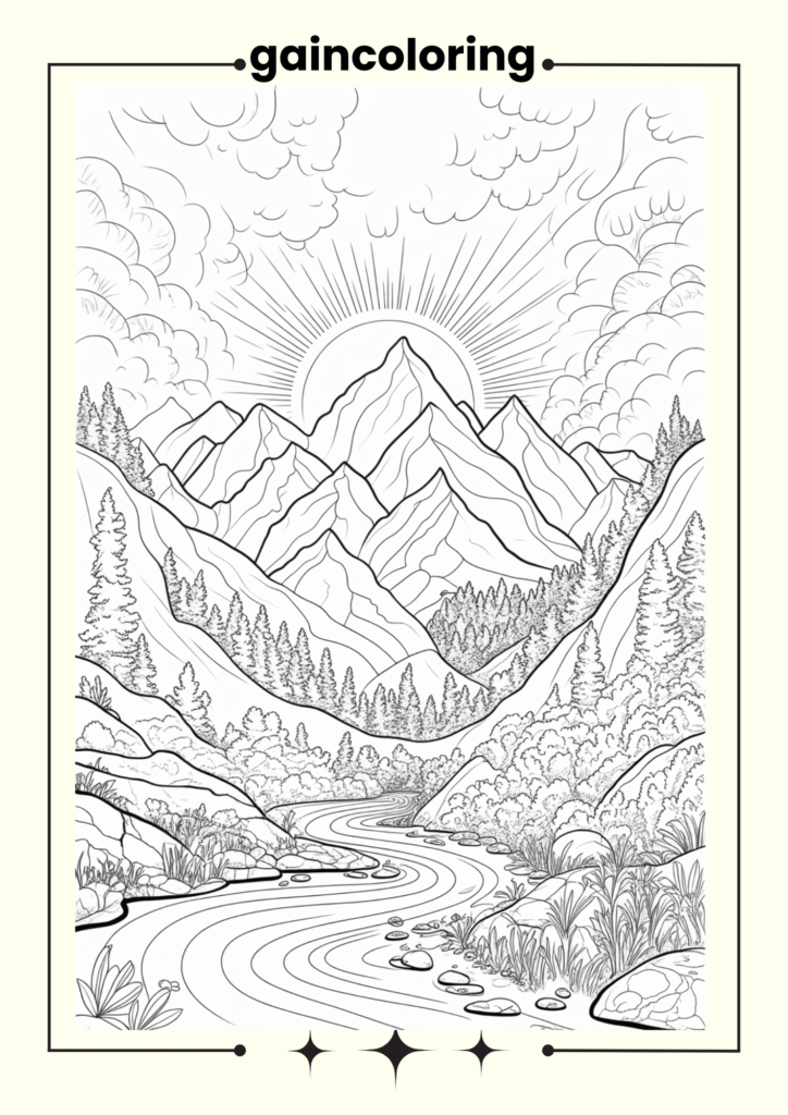 A peaceful mountain landscape at sunrise with pine trees