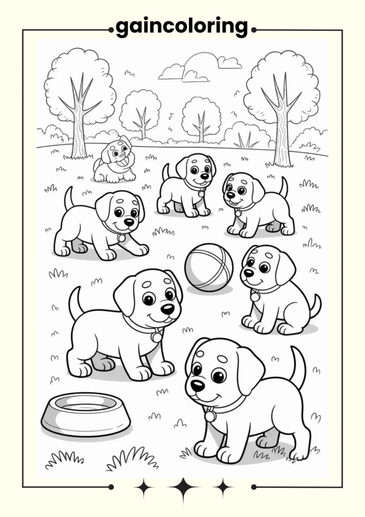 A group of playful puppies in a park
