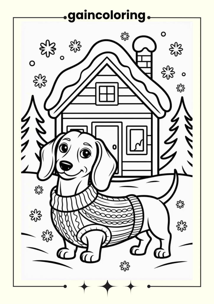Small winter cabin and snowflakes