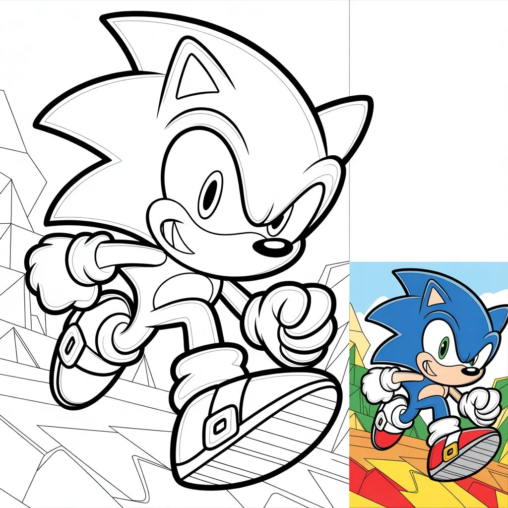 A two-panel digital illustration features Sonic the Hedgehog Coloring Pages
